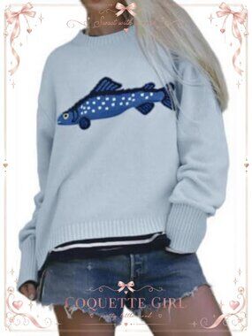 Rib Knit Carp Graphic Oversized Y2k Pullover Sweater Jumper